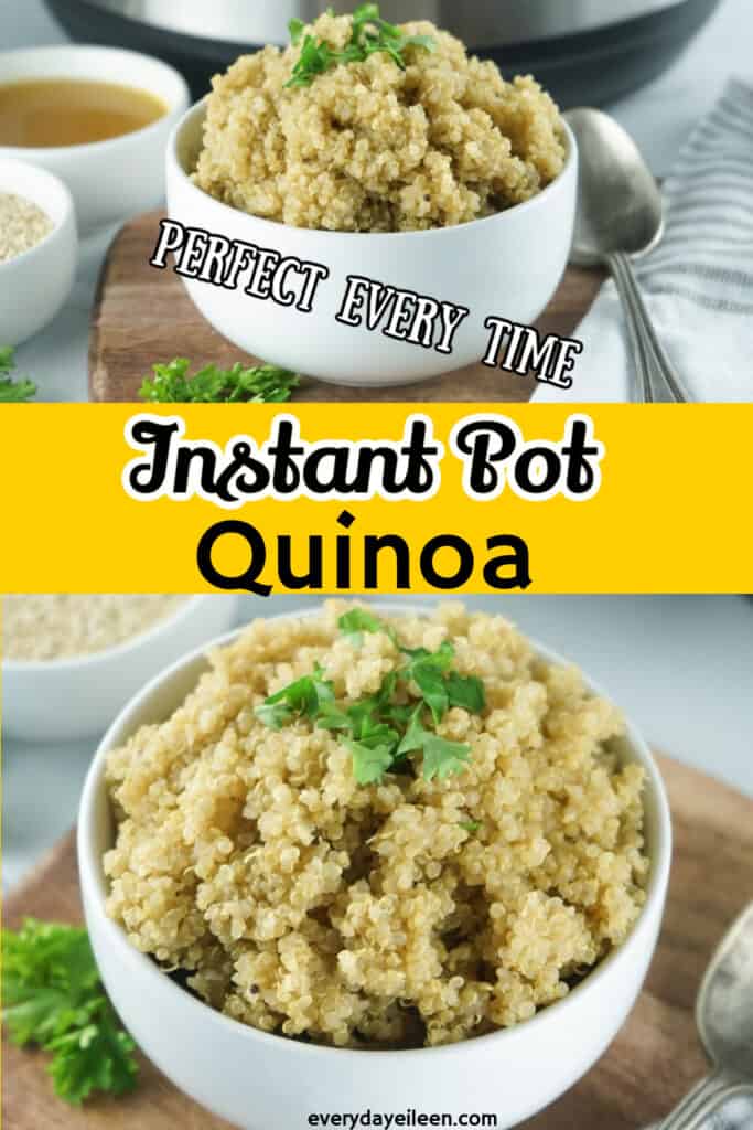 A pinterest pin with text overlay of quinoa in a white bowl and another photo of the quinoa in the bowl.