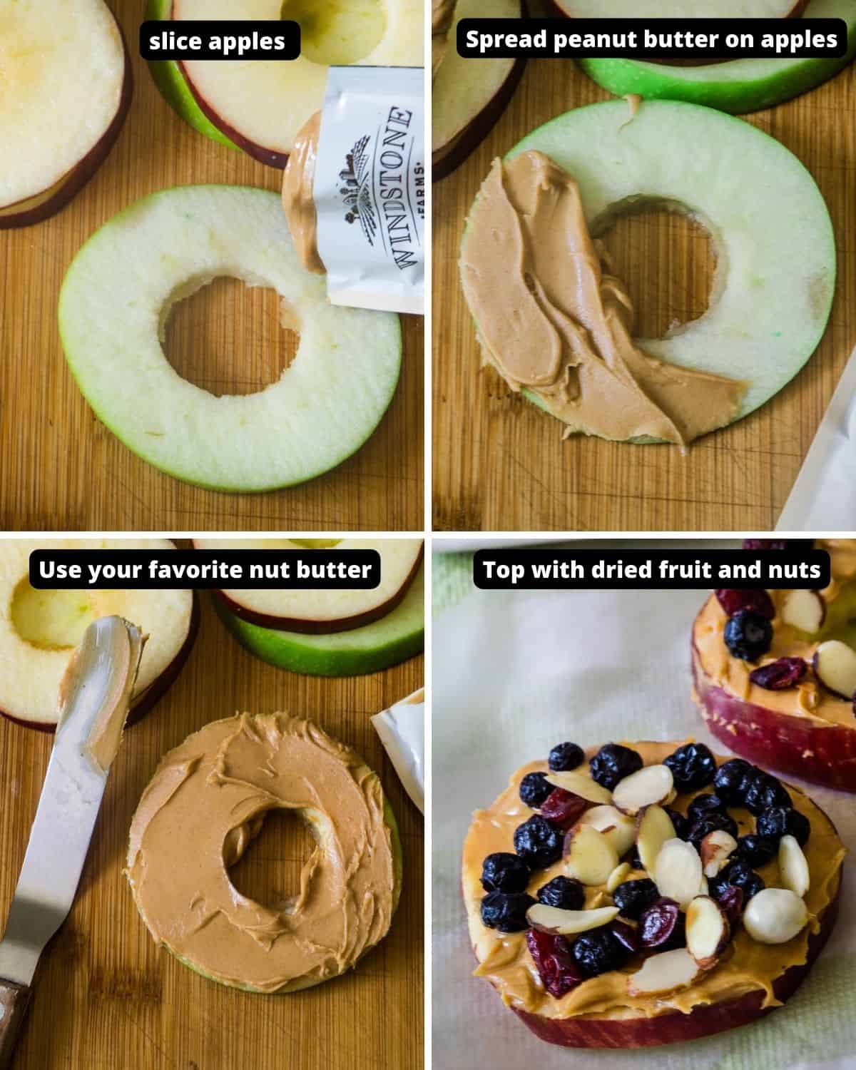 Step by step instructions to make apples and peanut butter with text overlay. 