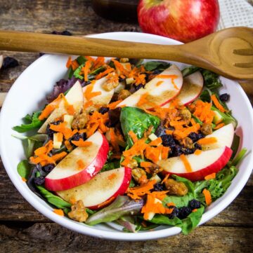 A white bowl with salad greens, shredded carrots, and thinly sliced apples with a brown vinaigrette.