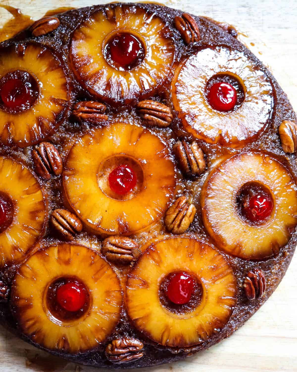 A cast iron pineapple upside down cake