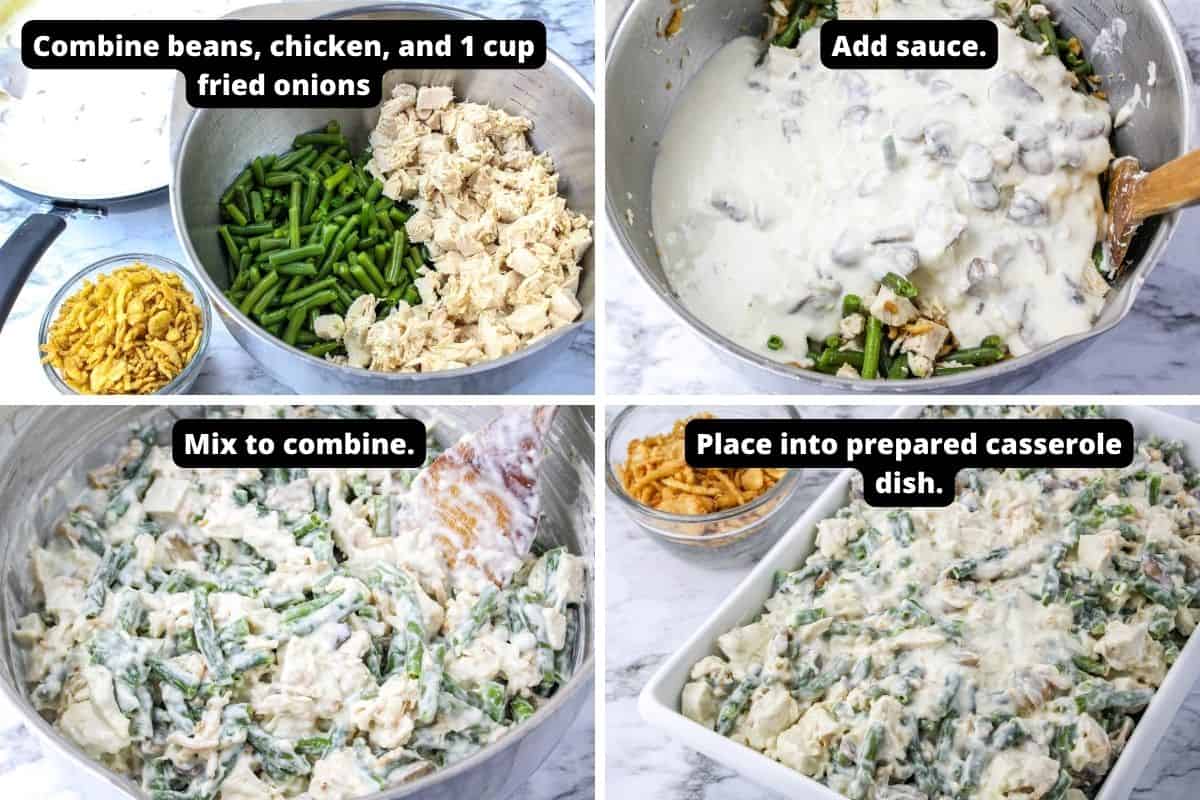 Step by step with text overlay for instructions to make chicken and green bean casserole