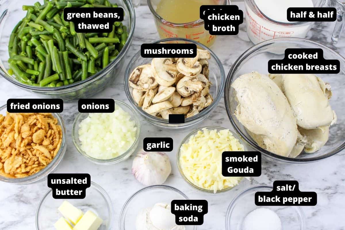 Ingredients to make chicken green bean casserole. 