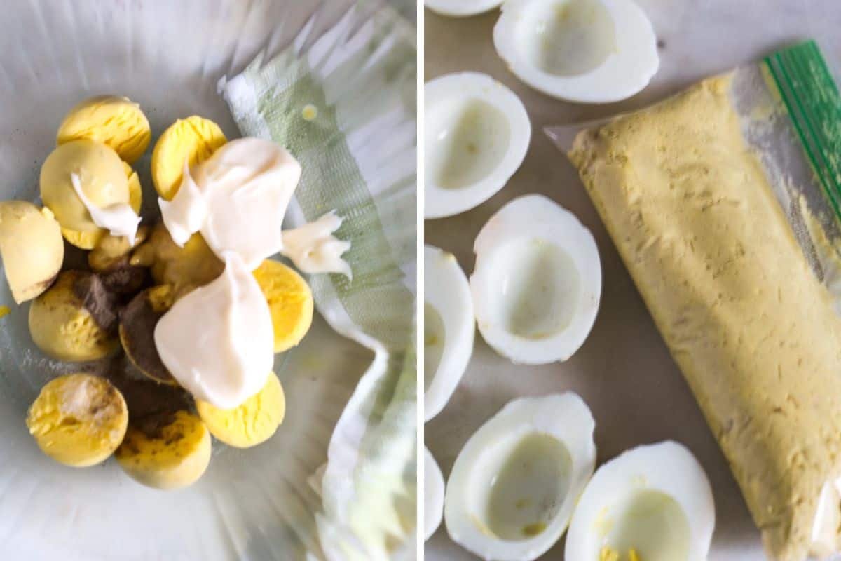 Two photos of the preparation of making horseradish deviled eggs. 
