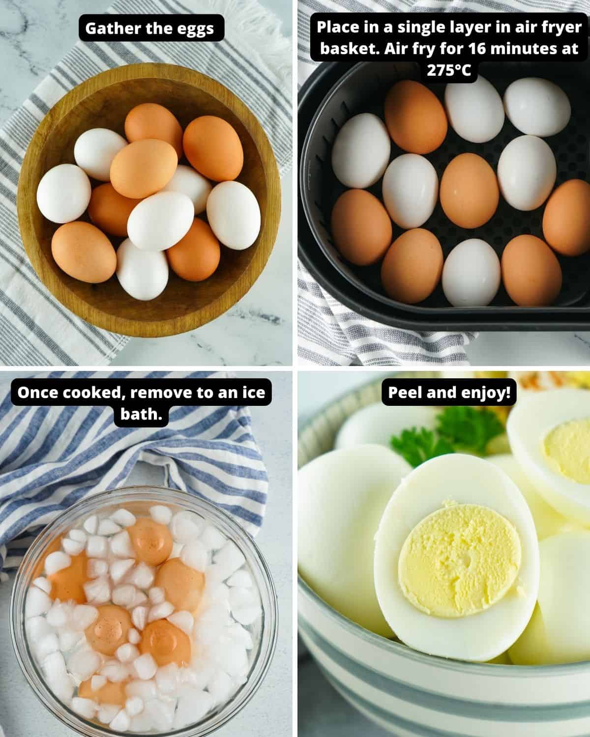 Step by step picture instructions to make air fryer hard boiled eggs. 
