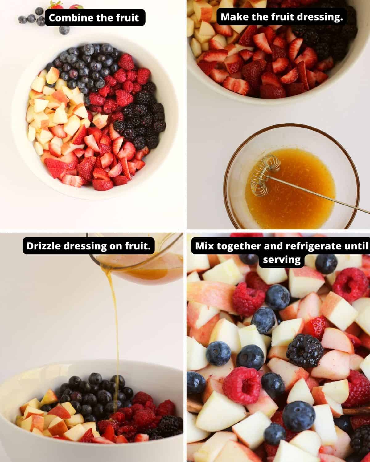 A collage with text overlay with the step by step photos of making fruit salad. 