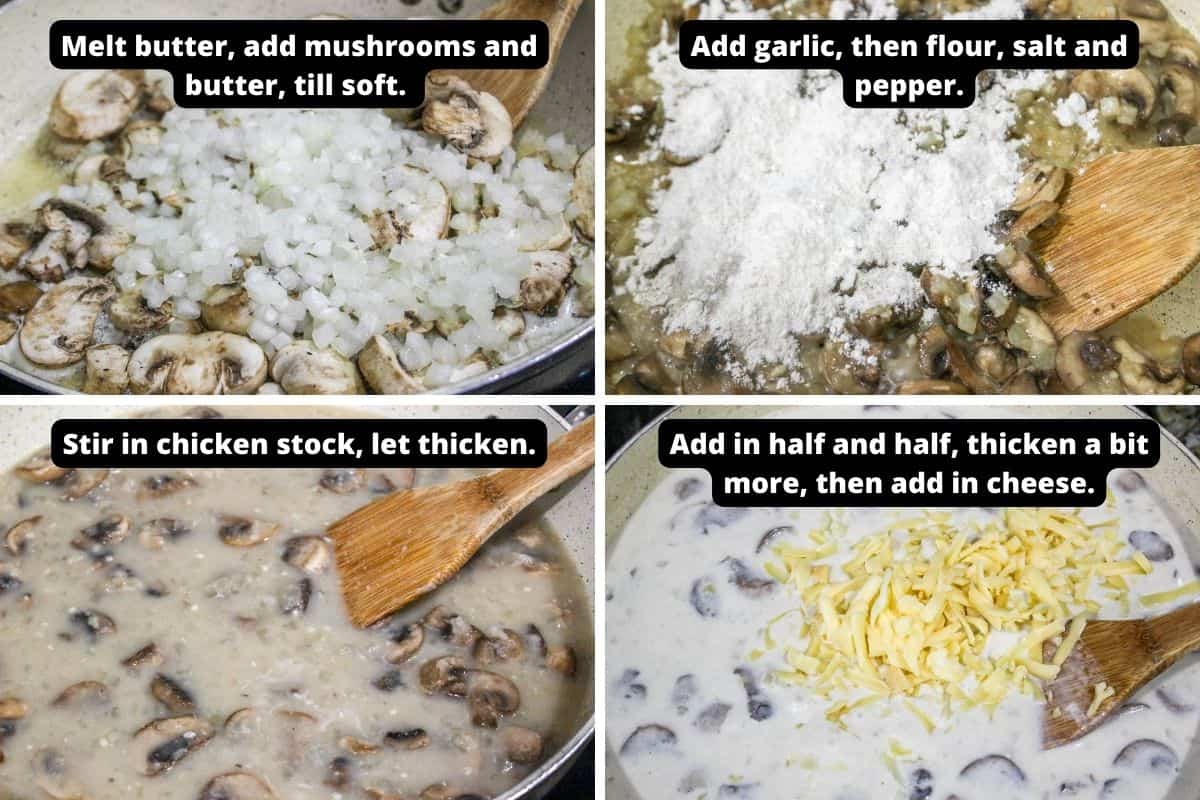 Step by step instructions on making a cheese sauce for a chicken green bean casserole.