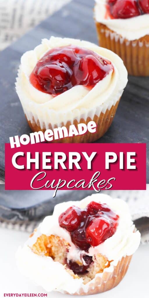 A pinterest pin with text overlay for cherry pie filled cupcakes.