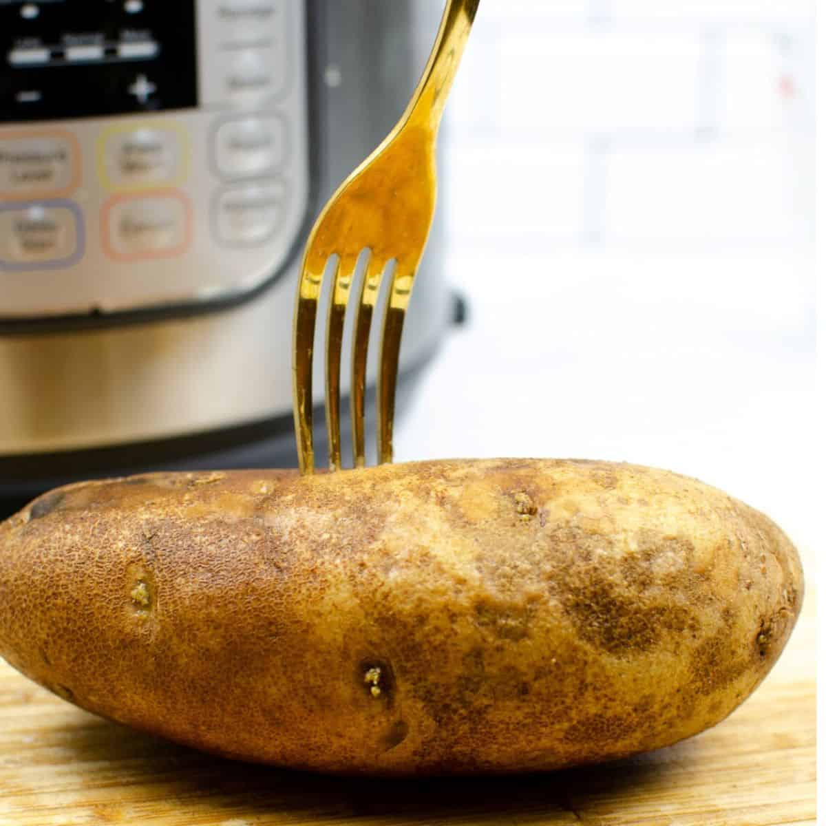 A large russet potato on a cutting board with a fork in it and an Instant Pot in the background.
