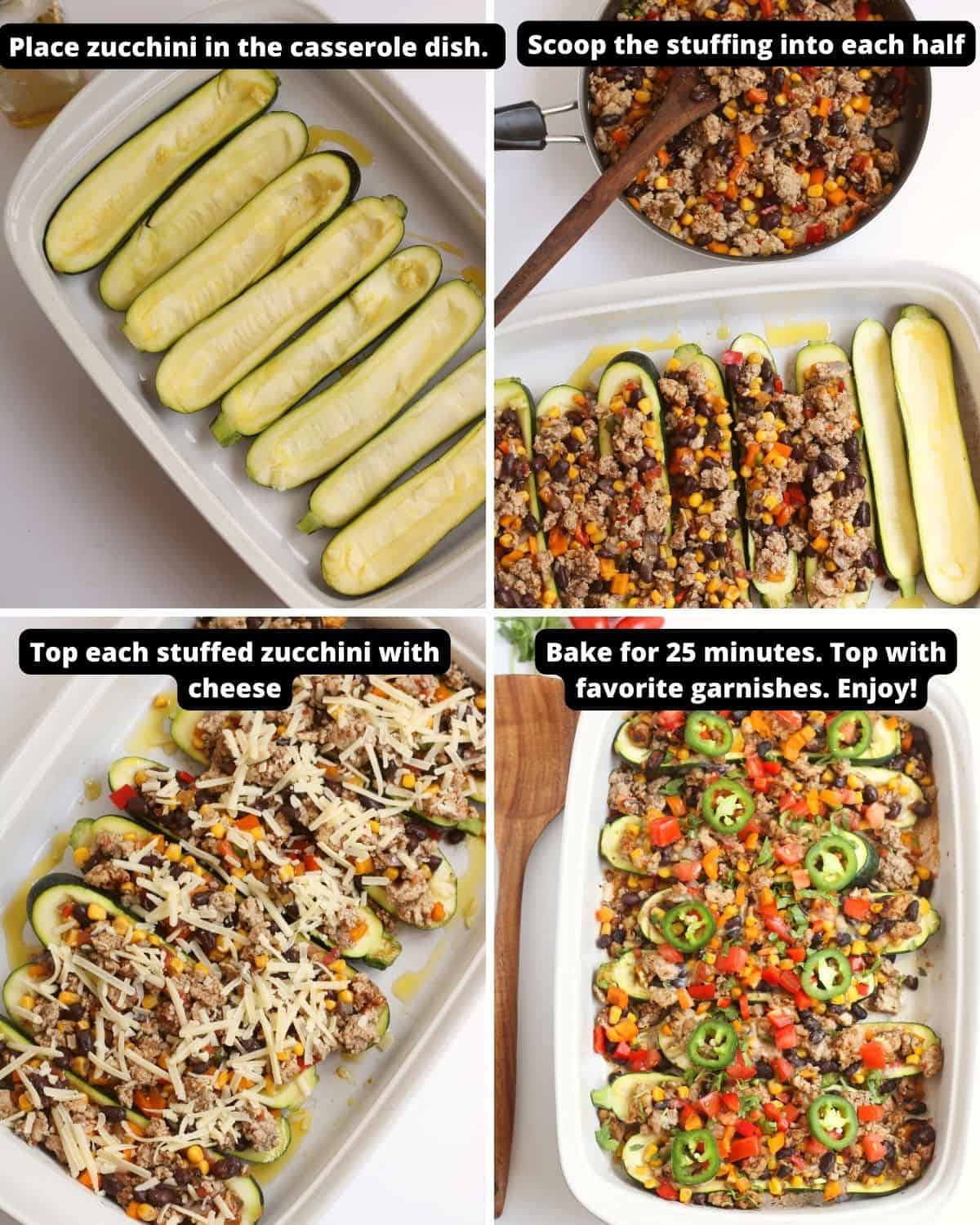 Step by step instructions with text overlay of how to make Taco stuffed zucchini. 