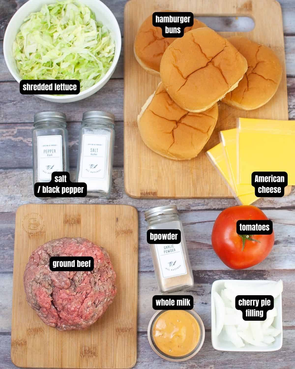 Ingredients with text overlay to make air fryer hamburgers.