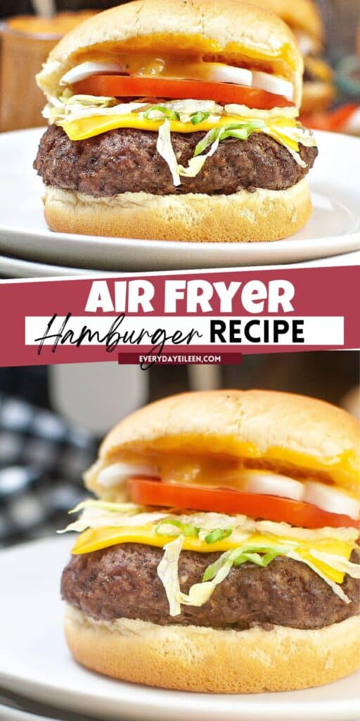 A pinterest pin for hamburgers made in the air fryer with text overlay.