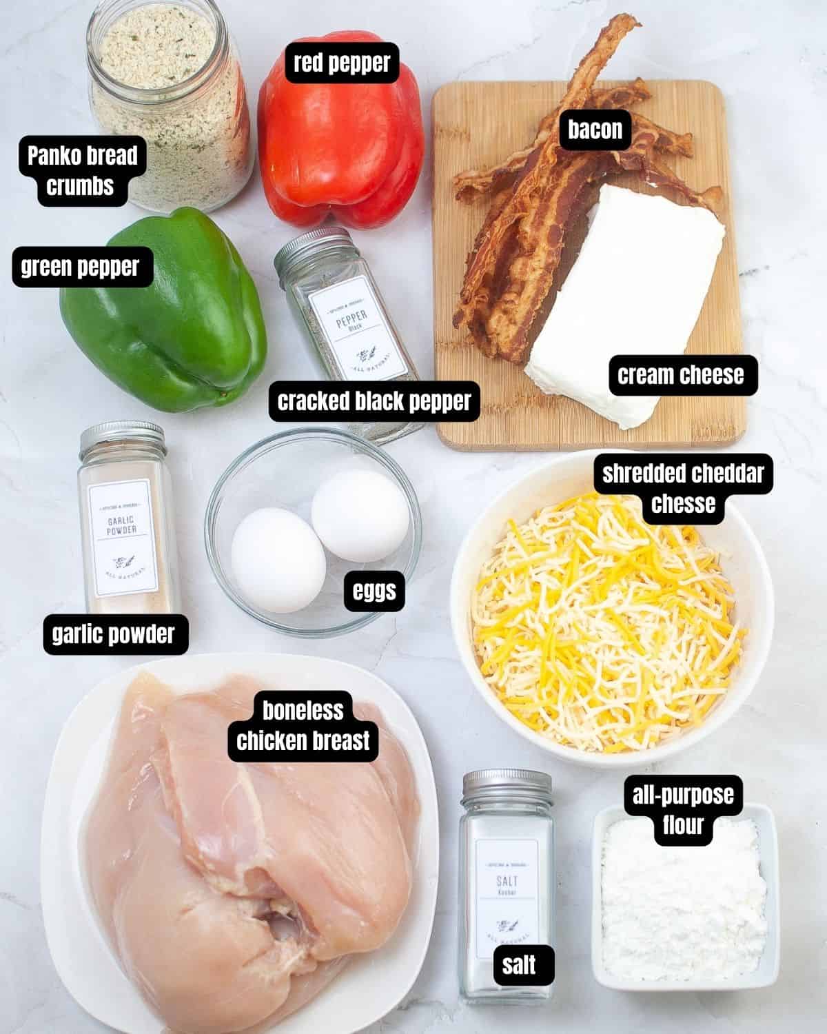 Ingredients to make stuffed chicken with peppers and cheese.