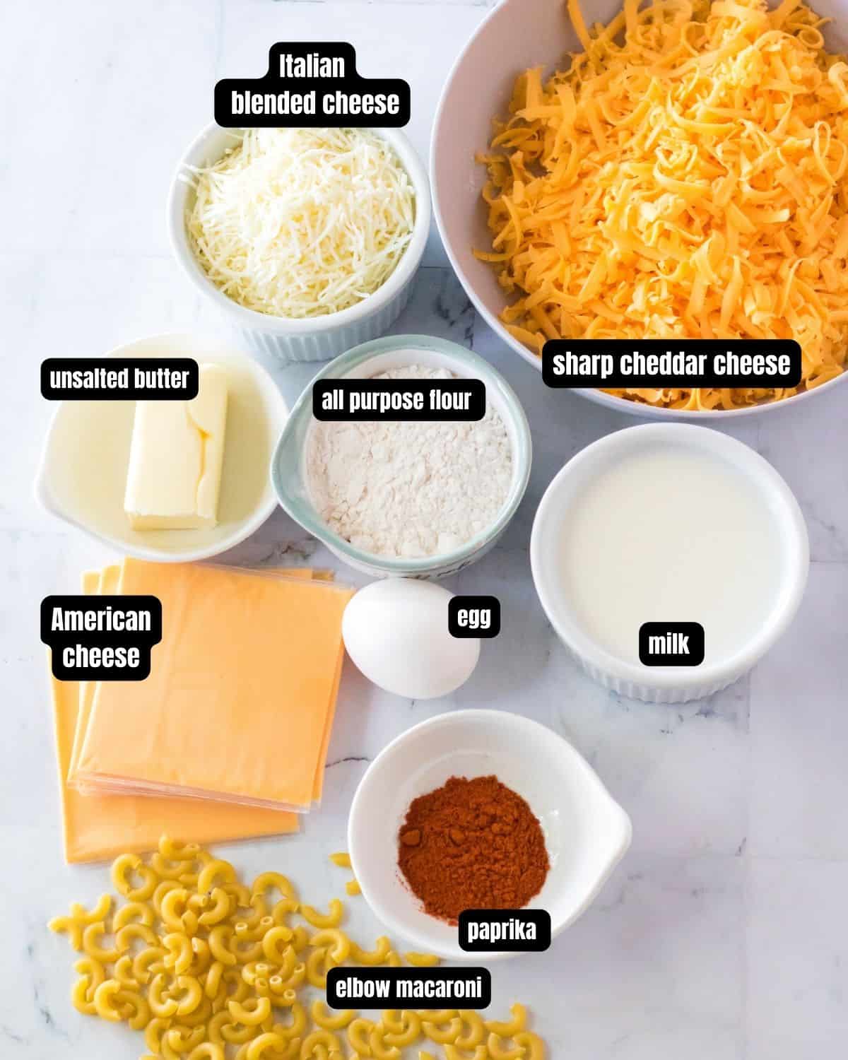 Ingredients to make copycat chick fil a mac and cheese.