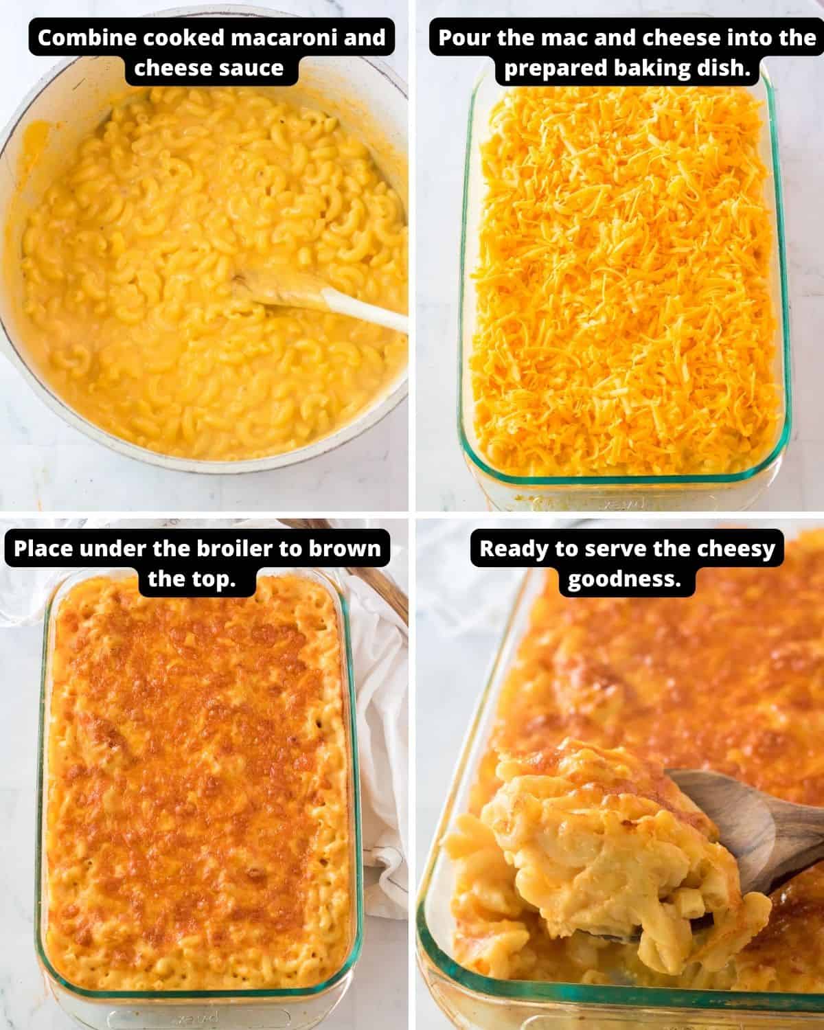 Instructions with text overlay of how to make chick fil a mac and cheese in a casserole dish.