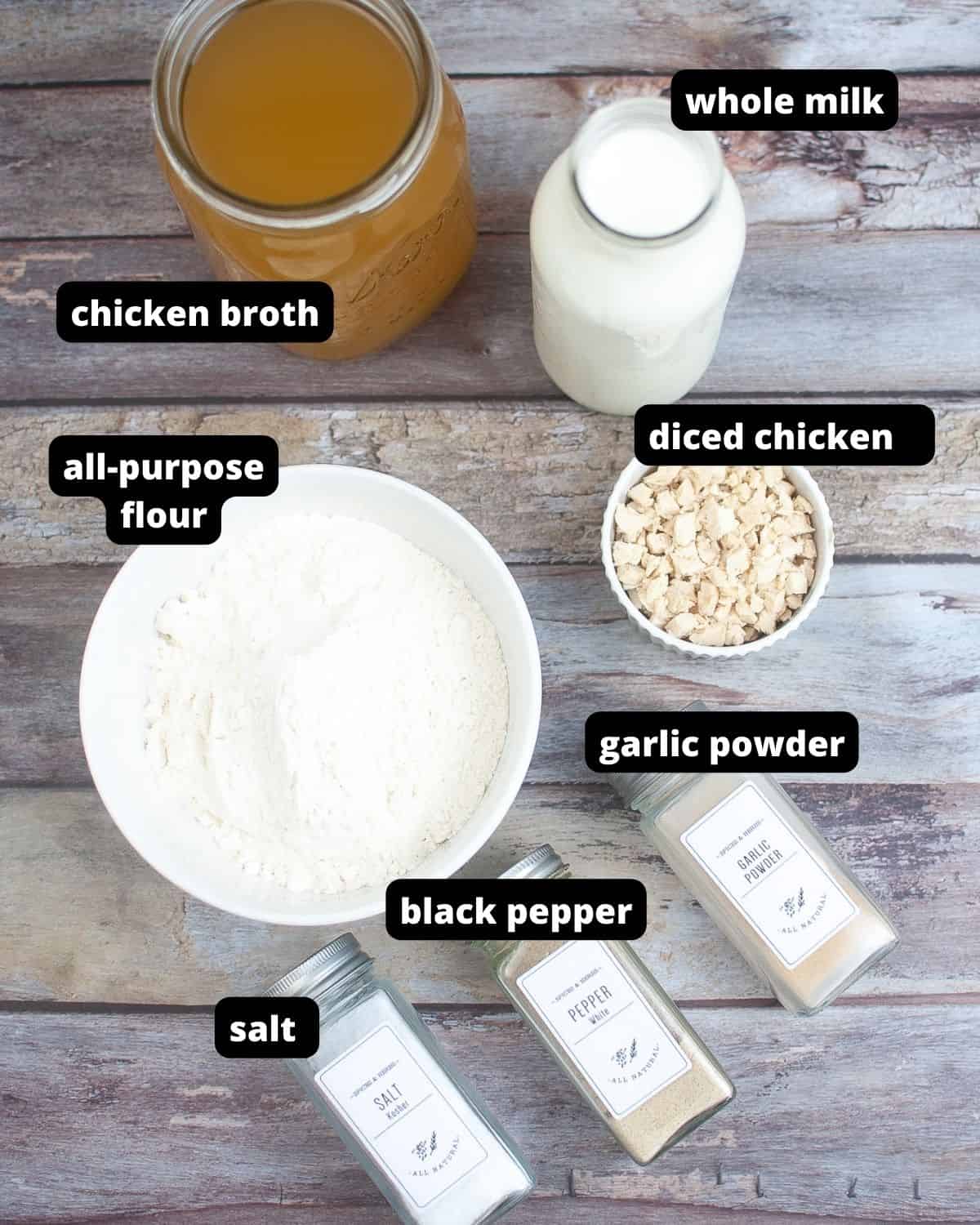 Ingredients with text overlay to make condensed cream of chicken of chicken soup.