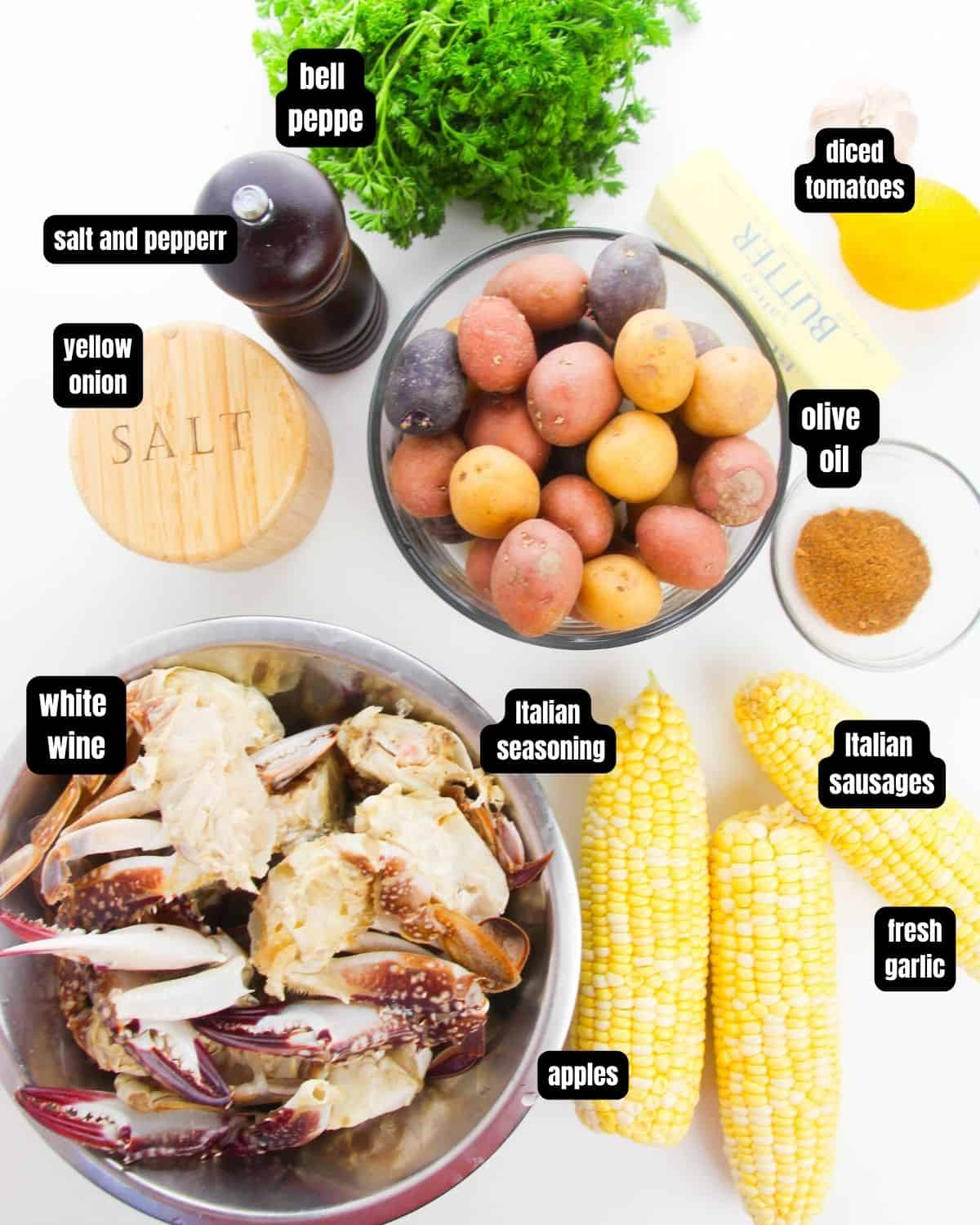 Ingredients with text overlay to make a crab boil. 