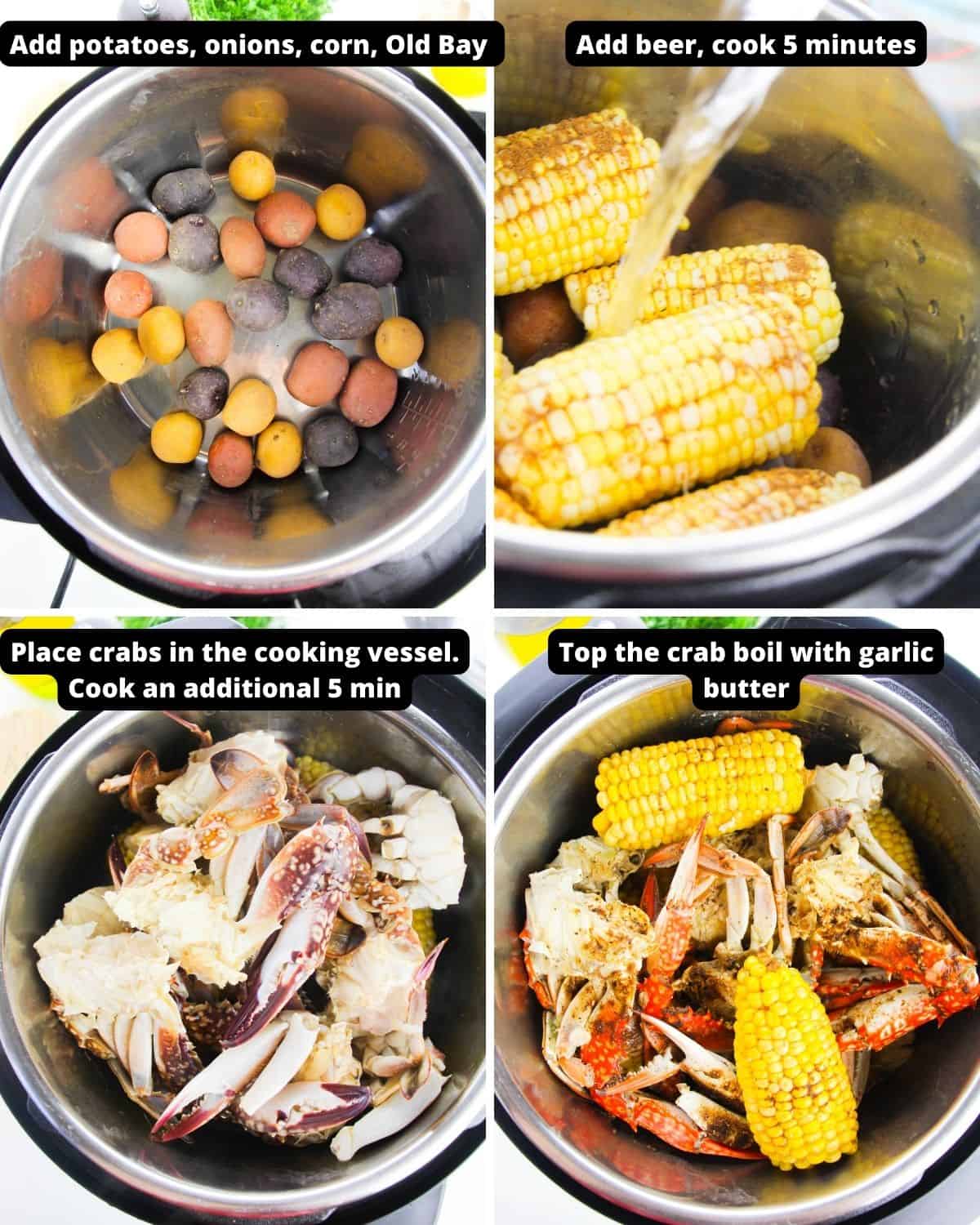 Step by step instructions with text overlay to make crab boil in an Instant Pot. 