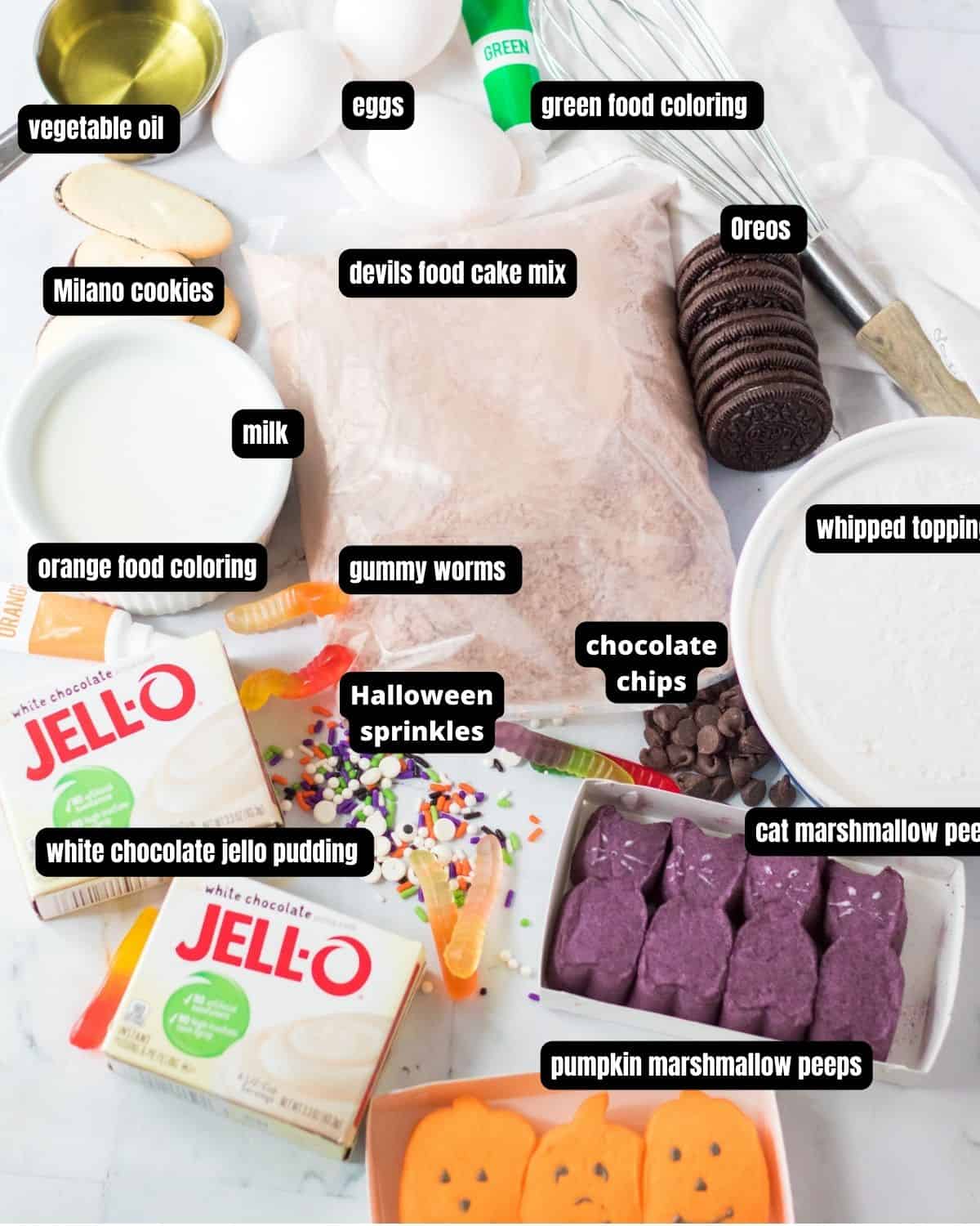 An ingredient photo with text overlay of ingredients to make a Halloween graveyard poke cake. 