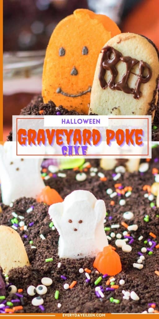 A Pinterest pin with text overlay of a Halloween cake decorated with marshmallow peeps.