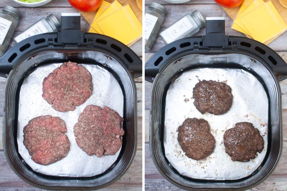 Ground beef patties in an air fryer and two photos showing the burgers raw and then cooked.