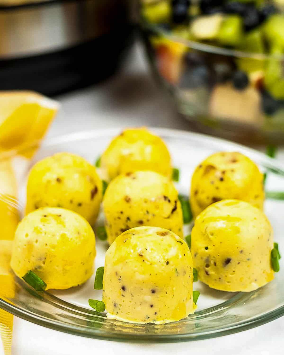 A clear plate with egg bites made in the Instant Pot. 