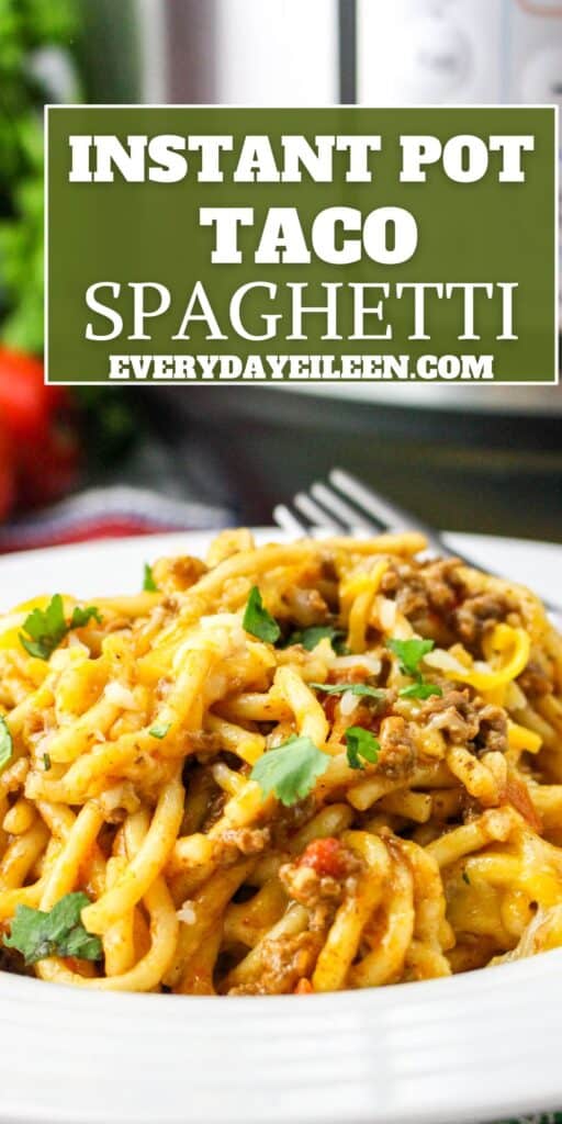 instant pot taco spaghetti pin with text overlay of pasta in a bowl.