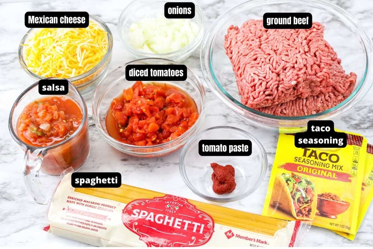 Ingredient with text overlay to make instant pot taco spaghetti. 