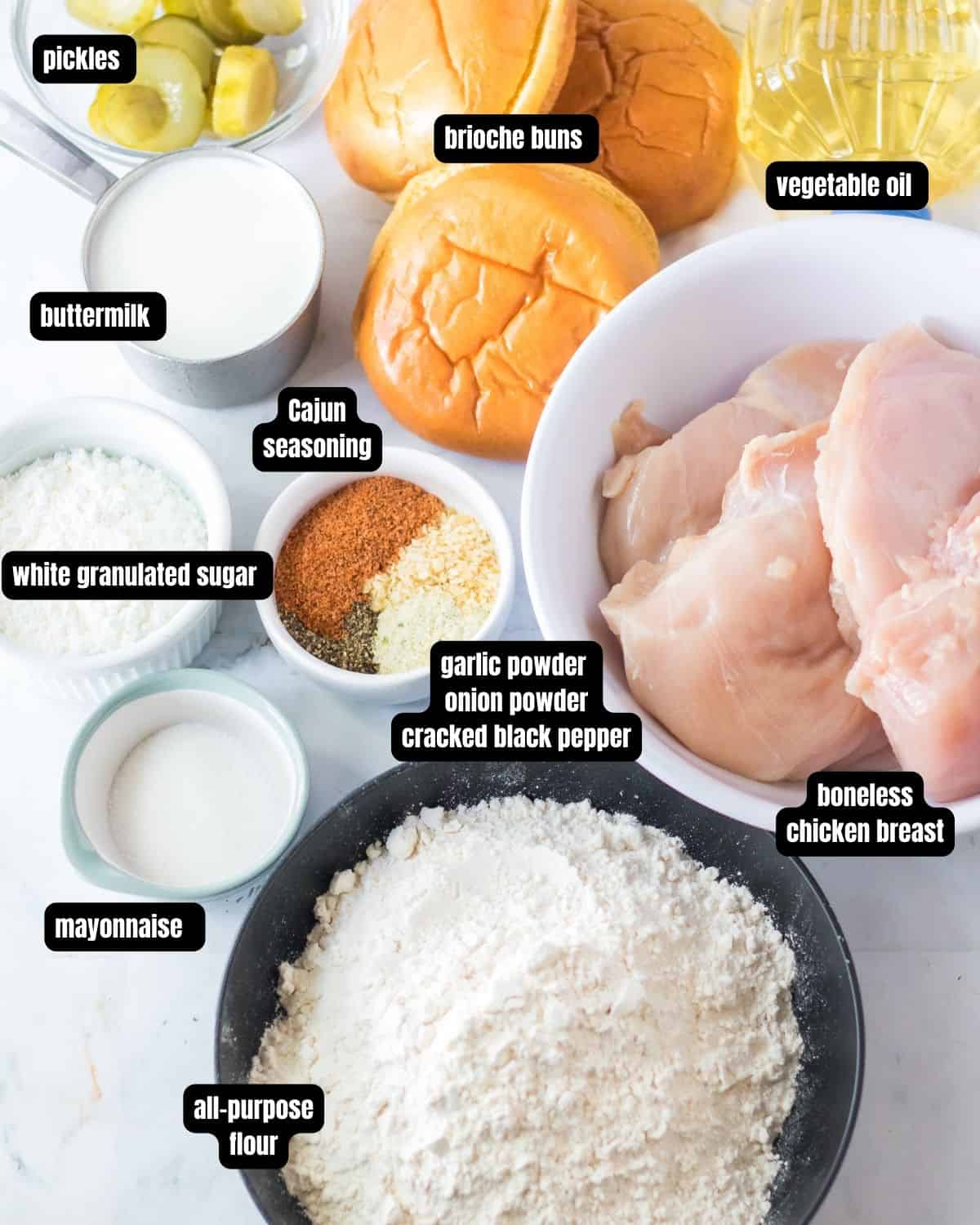 Ingredients with text overlay of ingredients to make copycat Popeyes chicken sandwiches.