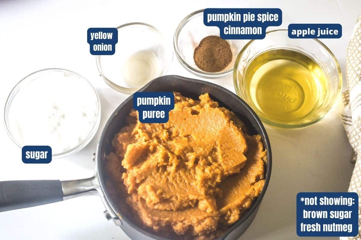 Ingredients to make pumpkin butter, pumpkin puree, white sugar, brown sugar, pumpkin pie spice, apple juice. 