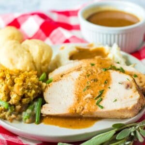 A plate with turkey, stuffing, and mashed potatoes in a plate.