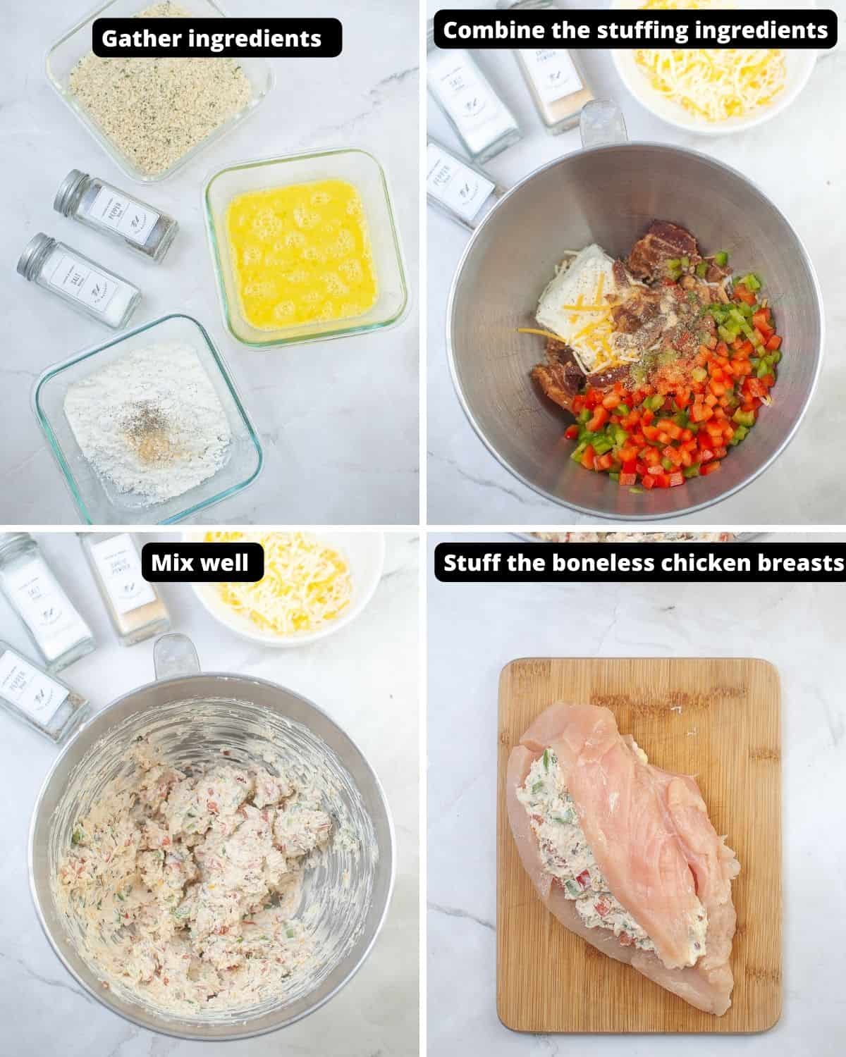 The steps to make air fryer stuffed chicken breasts with a bacon and bell pepper creamy stuffing. 