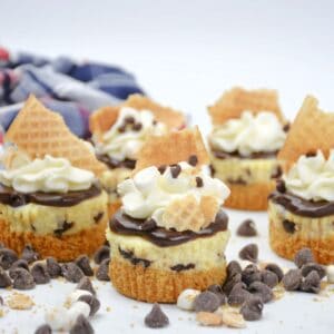 Individual cheesecakes that are flavored as ice cream sundaes topped with marshmallows and chocolate chips.