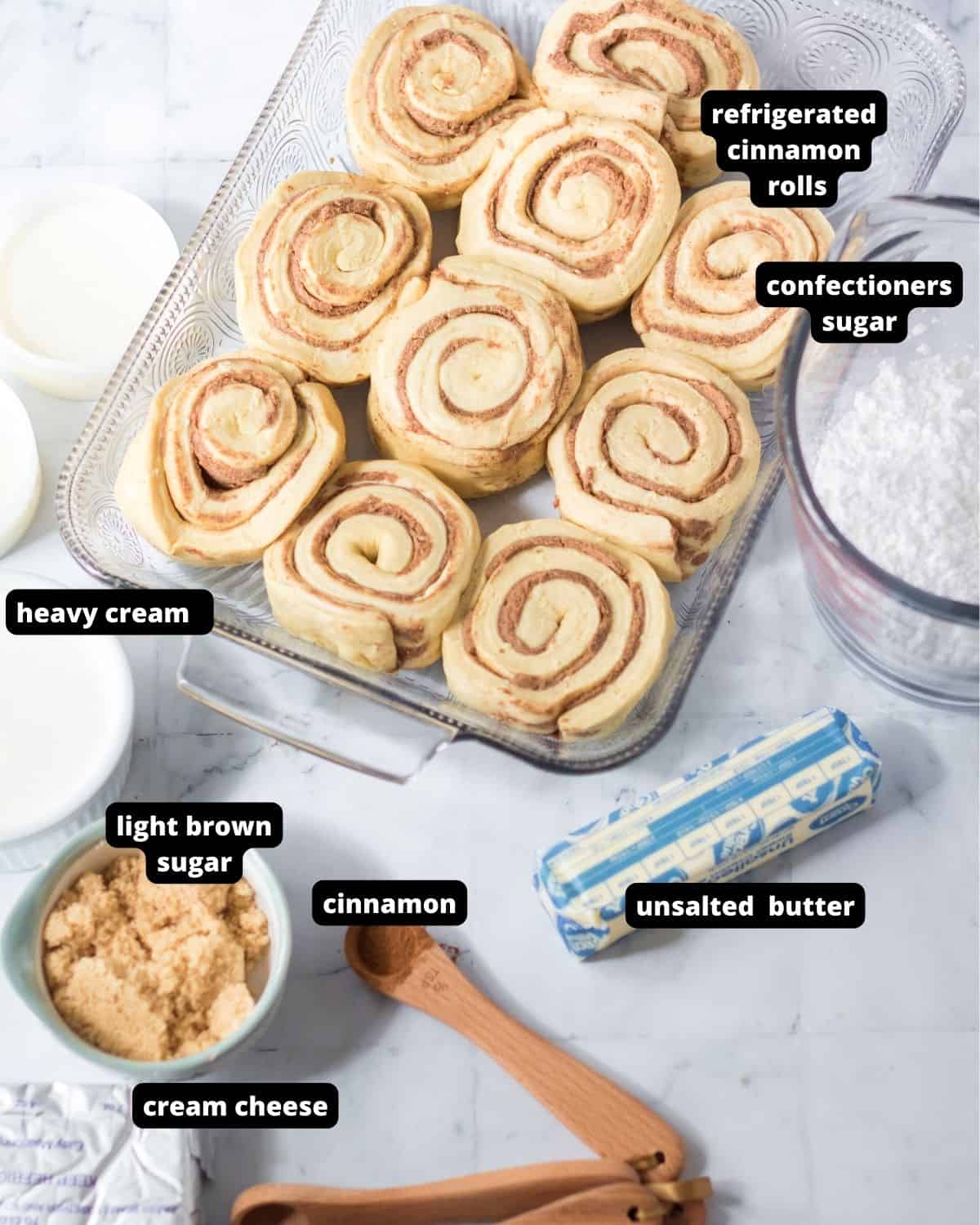 Ingredients with text overlay to make tiktok cinnamon rolls.