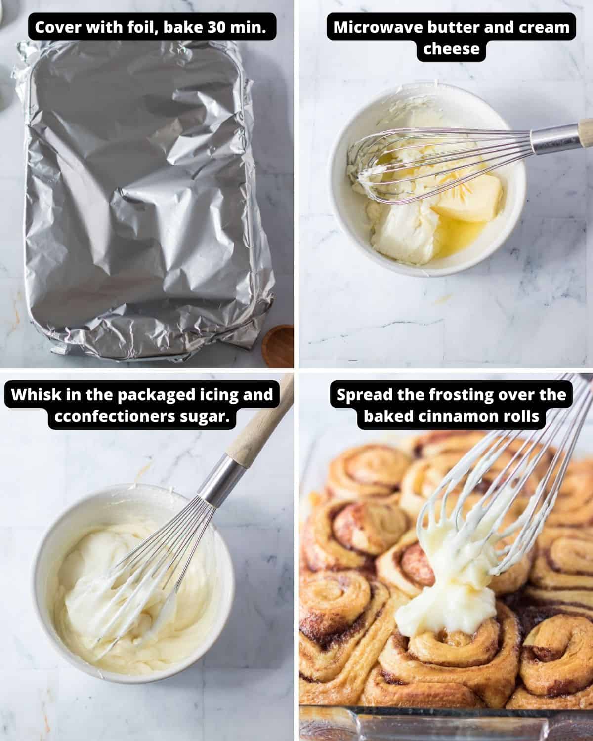 The four remaining steps to make the popular cinnamon rolls made famous on tik tok with text overlay.