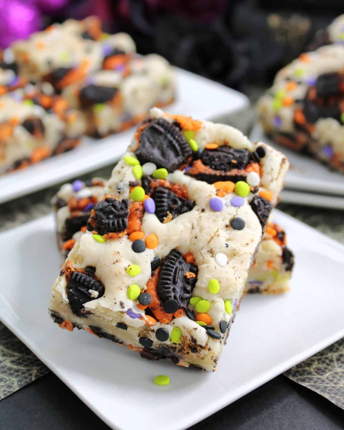 Halloween dessert bars sliced in a white plate. 