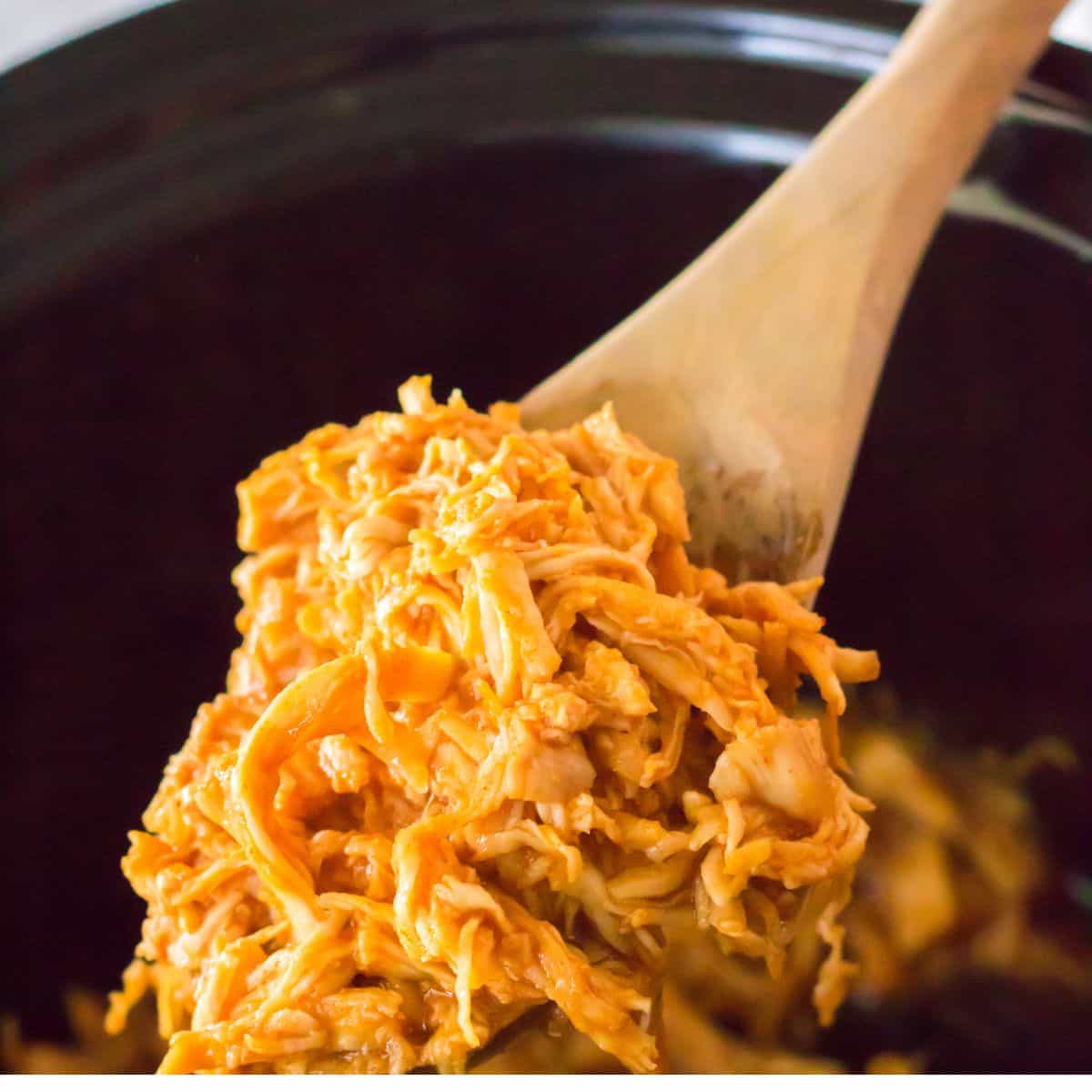 Shredded chicken being taken up out of a slow cooker on a wooden spoon. 