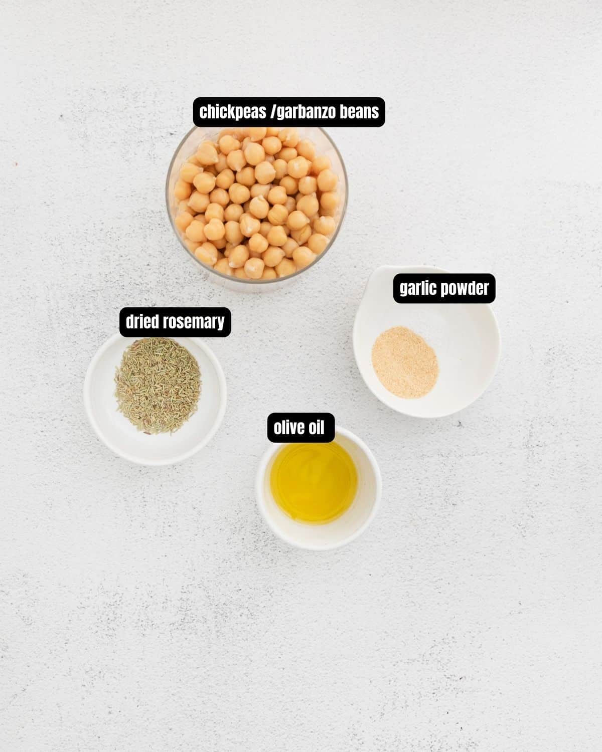 Ingredients to make air fried chickpeas with text overlay.