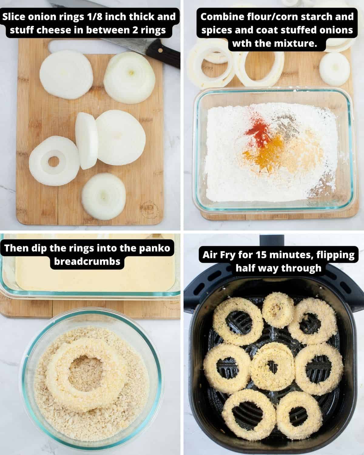 Step by step with text overlay to make air fryer cheese stuffed onion rings.