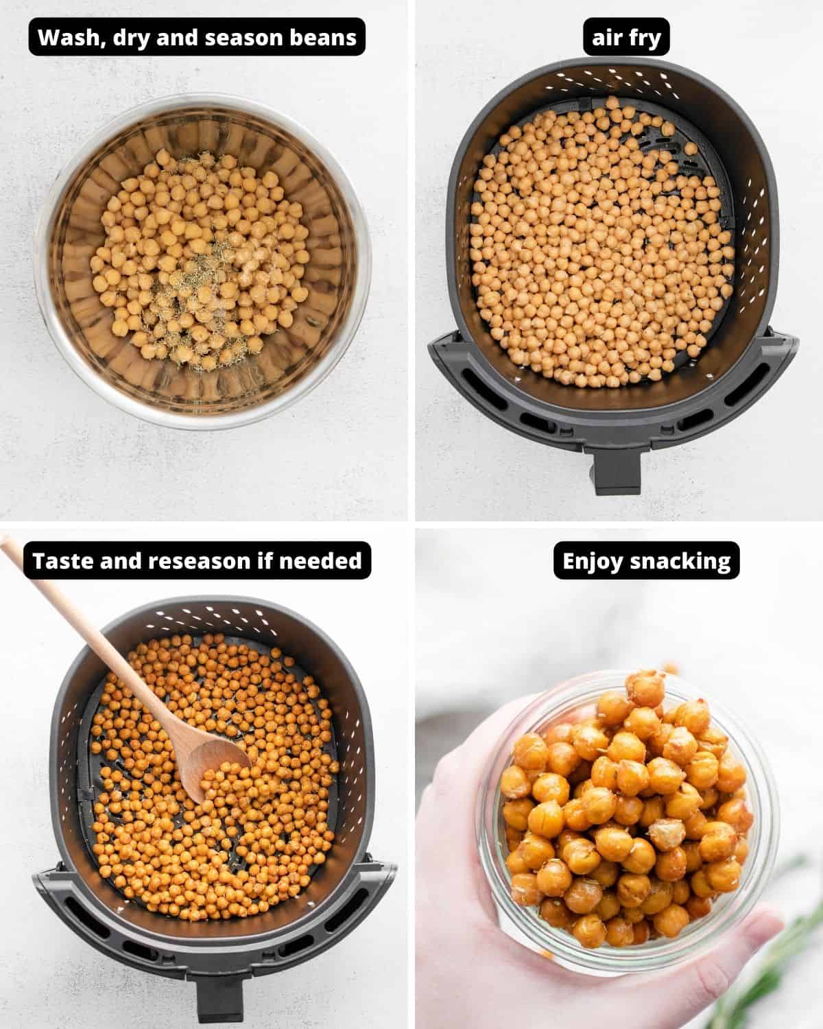 Instructions with photos and text overlay to make seasoned air fryer chickpeas.