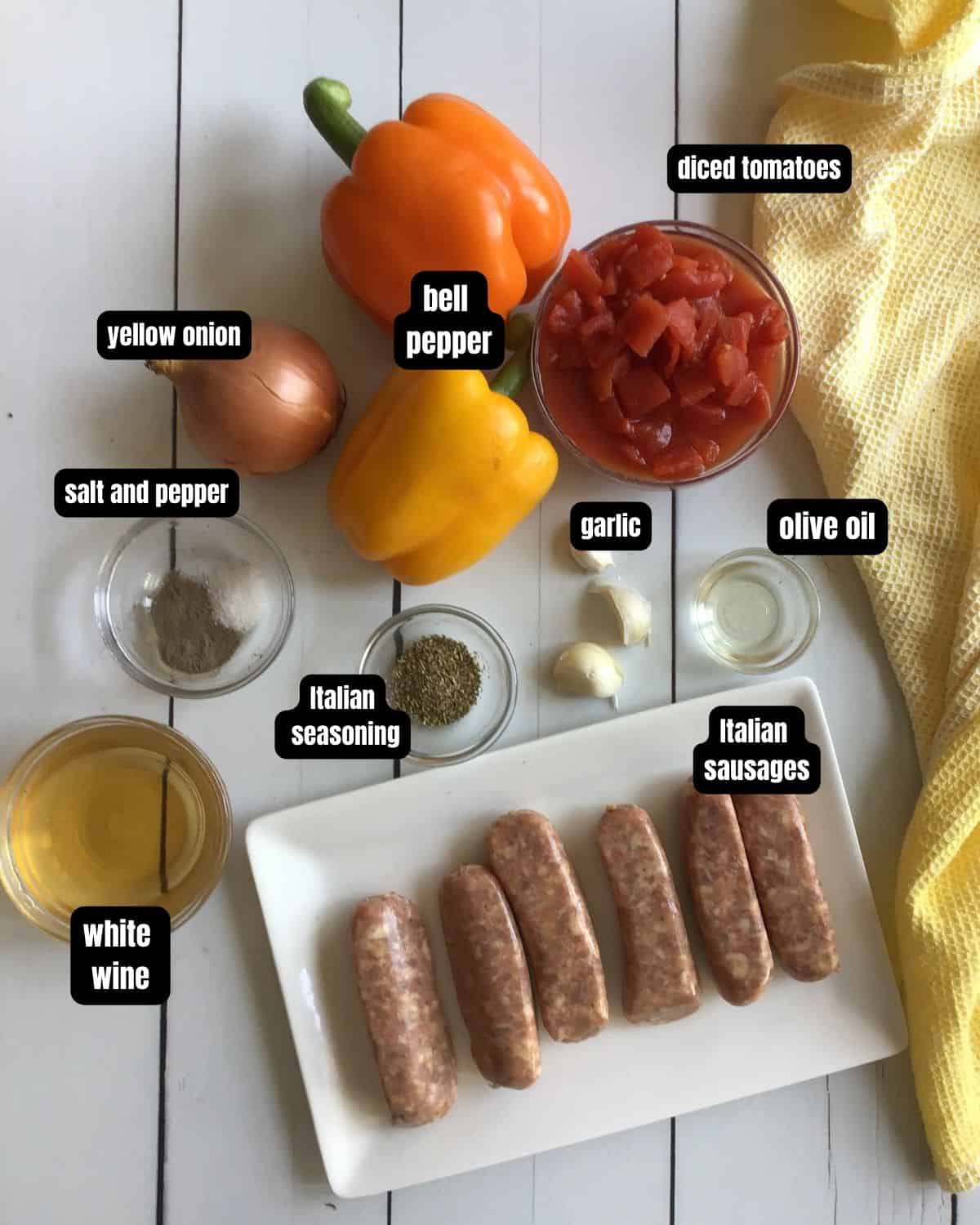 Ingredients with text overlay to make sausage and peppers. 