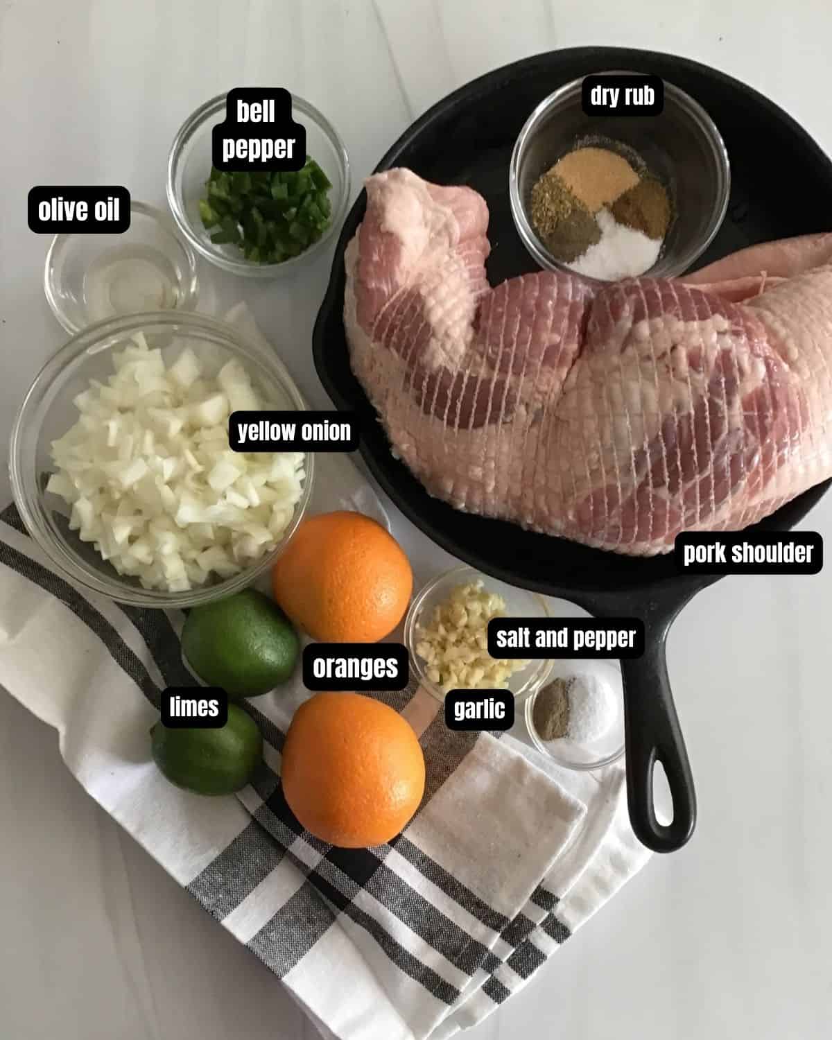 Ingredients to make slow cooker pork carnitas with text overlay.