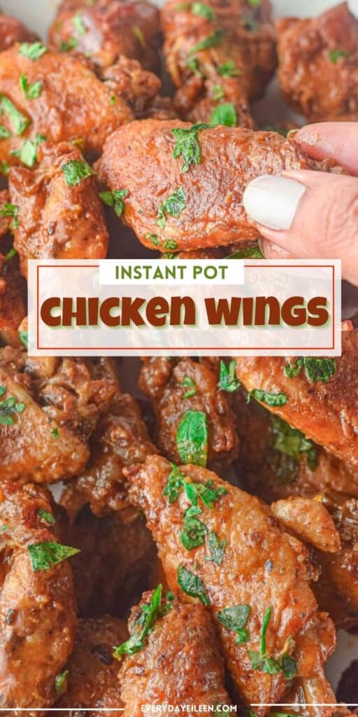 Chicken wings in buffalo sauce for a Pinterest pin with text overlay.