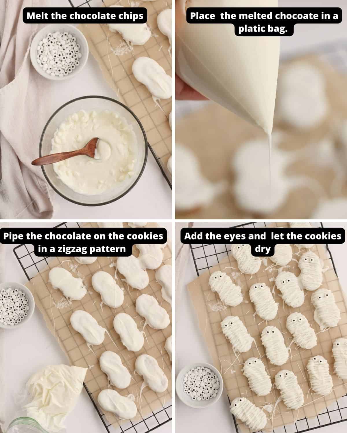The last steps to make a mummy pattern on nutter butter cookies. 