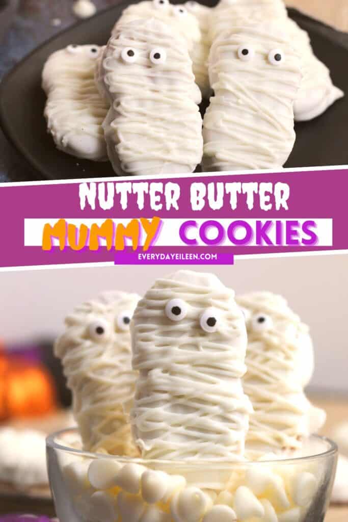 A pinterest pin of nutter butter mummy cookies with text overlay.