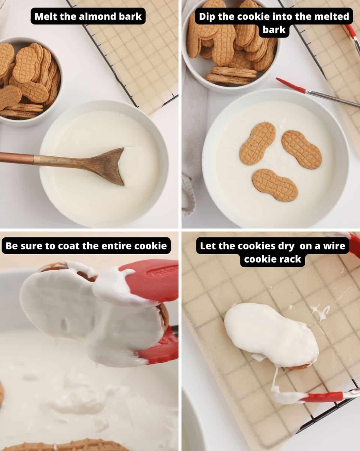 Step by step instructions with text overlay to make nutter butter mummy cookies.