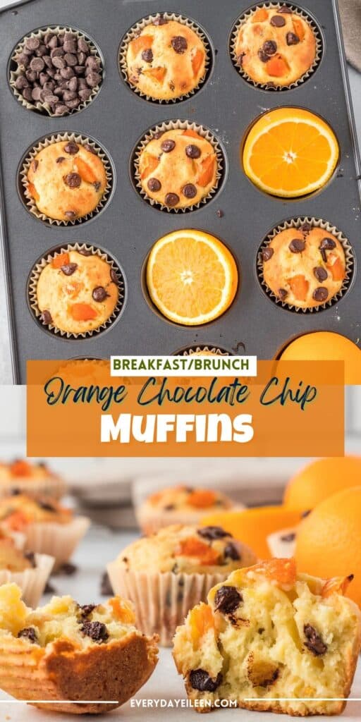 A Pinterest pin with text overlay for orange muffins with chocolate chips.
