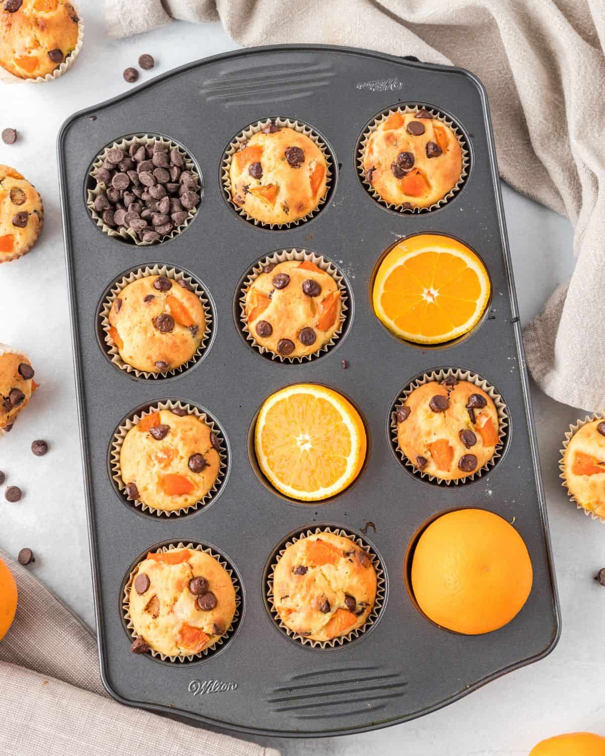 A muffin tin with orange muffins and oranges and chocolate chips in the muffin molds.