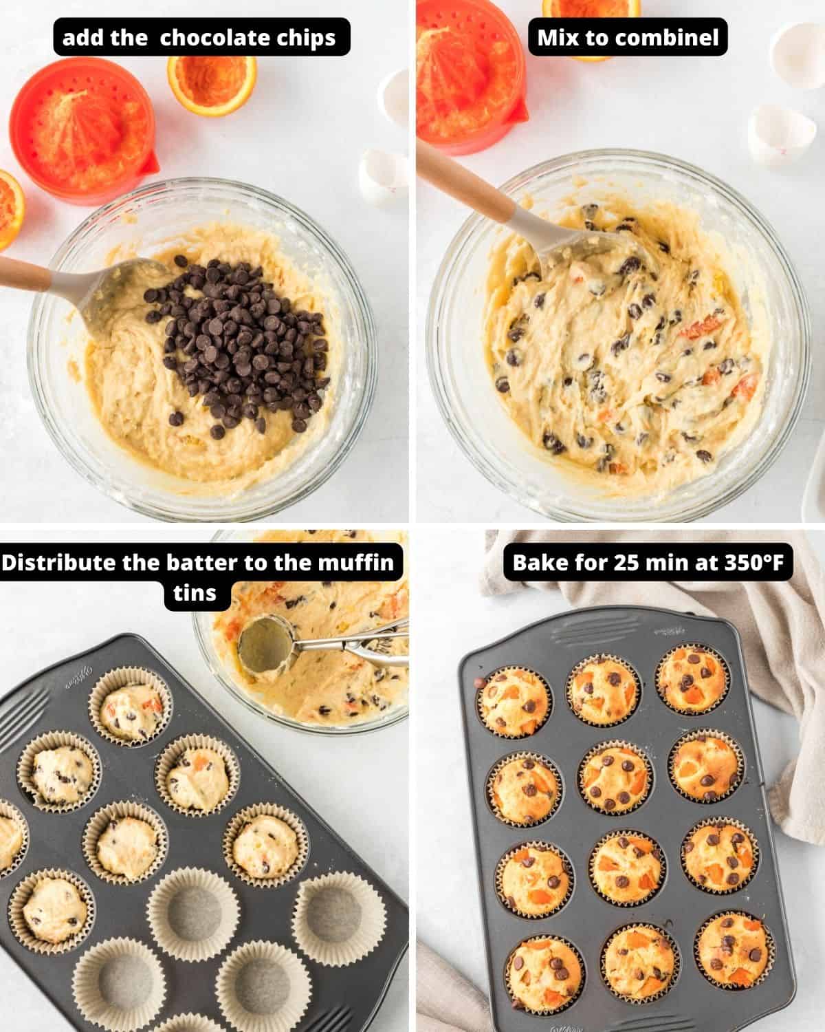 Steps to make orange muffins with text overlay.
