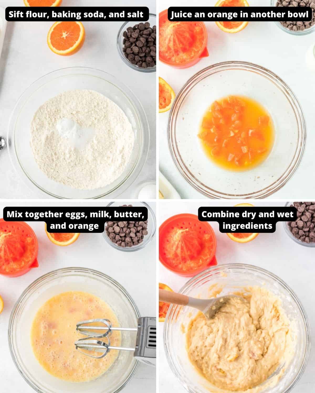 Step by step instructions to make orange muffins with text overlay.