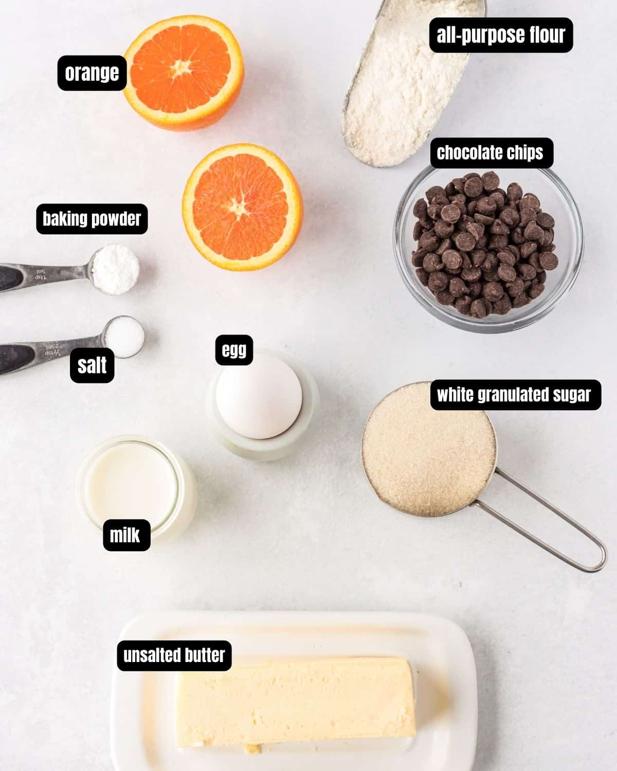 Ingredients to make orange muffins with text overlay. 